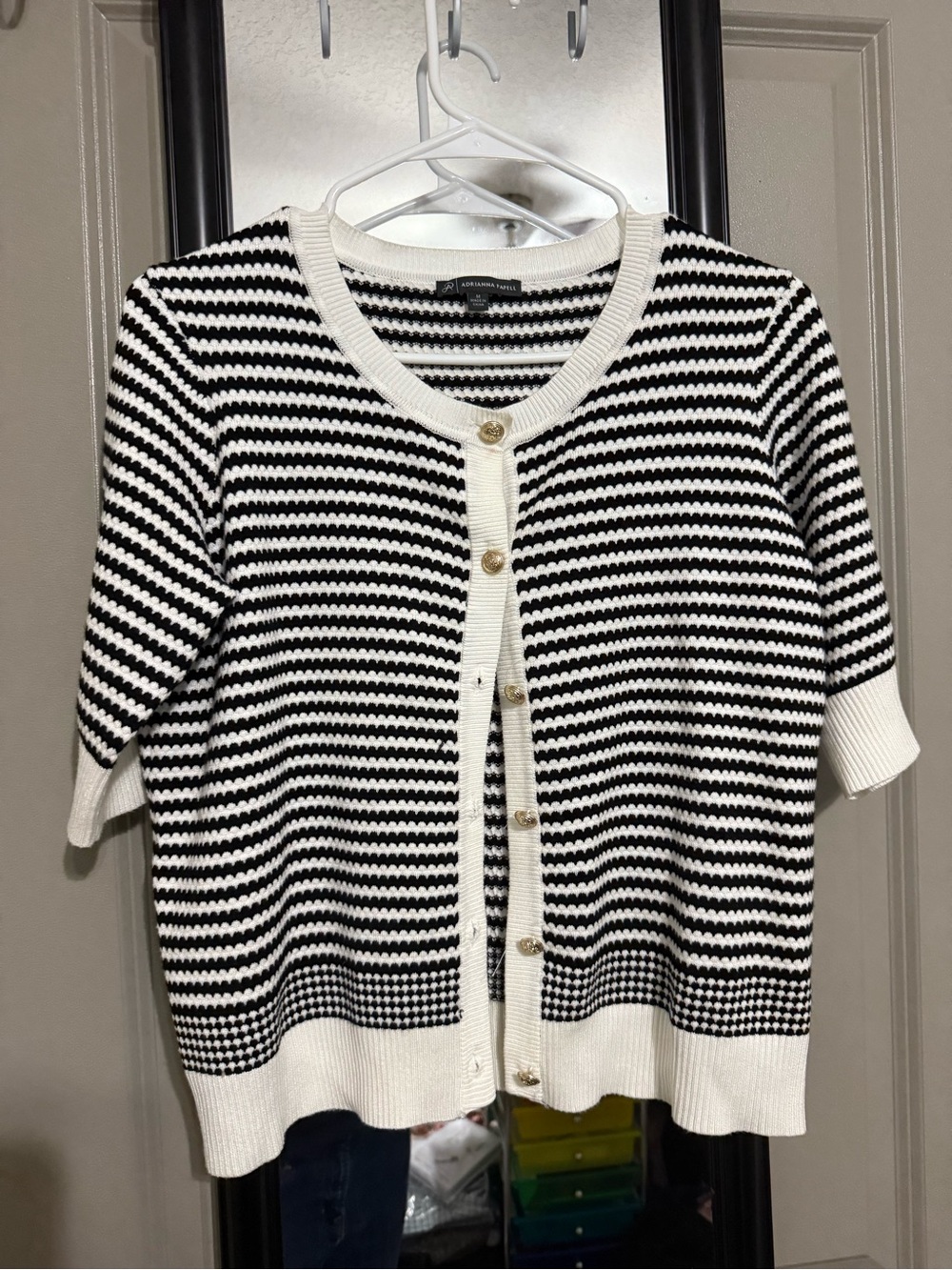 Adrianna Papell Black & White Striped Short-Sleeve Cardigan with Gold Buttons